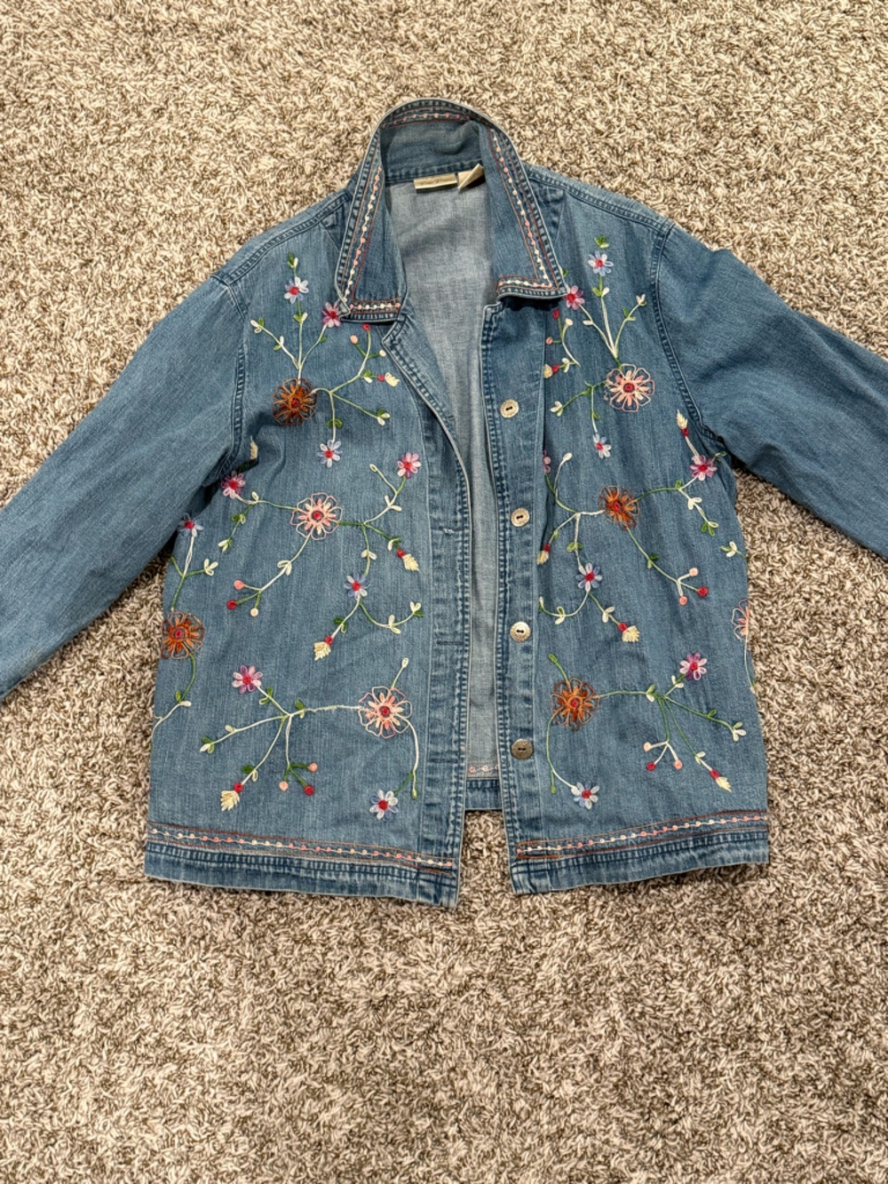 Embroidered Floral Denim Jacket - Blue